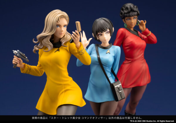 Group shot of three Star Trek: The Original Series Bishoujo statues featuring a command officer in a yellow uniform, a Vulcan science officer in a blue uniform, and Uhura the communications officer in a red uniform. Each figure is posed dynamically with their respective accessories, highlighting the diversity and strength of the Starfleet crew.