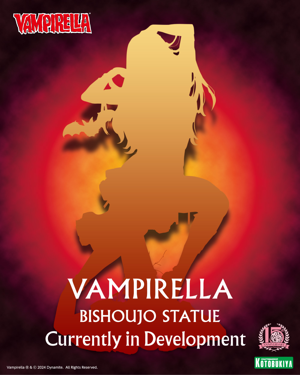 Teaser image for the Vampirella Bishoujo Statue currently in development by Kotobukiya. The image features a silhouette of Vampirella against a fiery red and black background, with the Vampirella logo in the top left corner and text at the bottom that reads 'Vampirella Bishoujo Statue Currently in Development.' Kotobukiya's logo is in the bottom right corner, and the Dynamite 55th Anniversary logo is also featured.