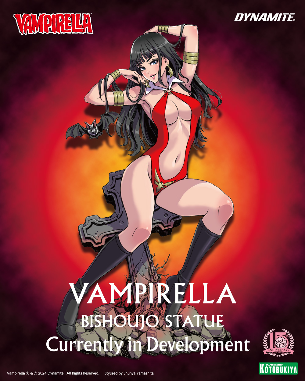 Full illustration by Shunya Yamashita for the Vampirella Bishoujo Statue currently in development by Kotobukiya. The image features Vampirella against a fiery red and black background, with the Vampirella logo in the top left corner and text at the bottom that reads 'Vampirella Bishoujo Statue Currently in Development.' Kotobukiya's logo is in the bottom right corner, and the Dynamite logo and the Bishoujo 15th Anniversary logo is also featured.