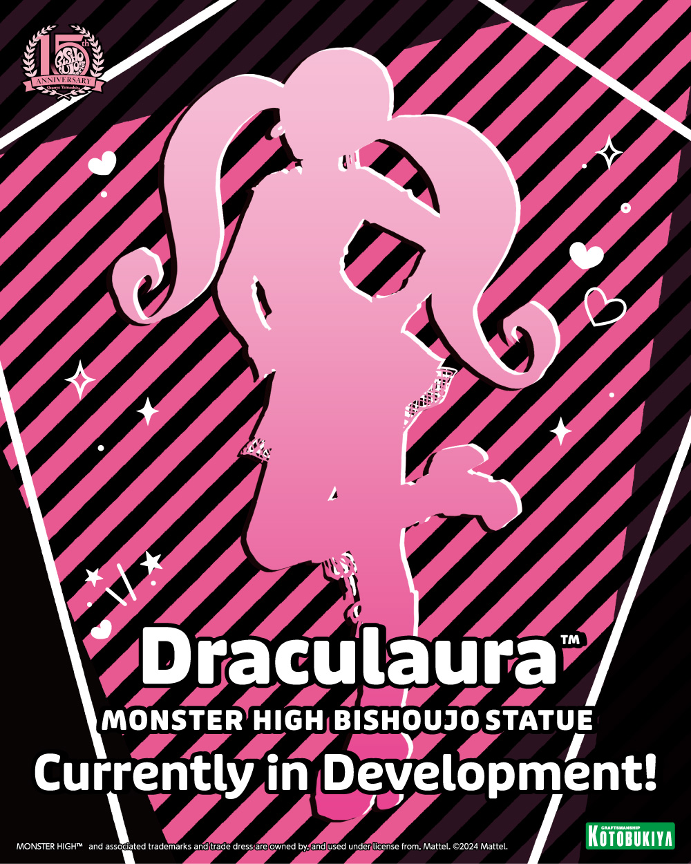 Teaser image for the Monster High Draculaura Bishoujo Statue, currently in development by Kotobukiya, designed by Shunya Yamashita in collaboration with Mattel. The image features a silhouette of Draculaura against a pink and black striped background, with playful hearts and stars. Text reads 'Draculaura Monster High Bishoujo Statue Currently in Development.' The Kotobukiya logo is displayed in the lower corner, with the Monster High 15th Anniversary logo in the top left.