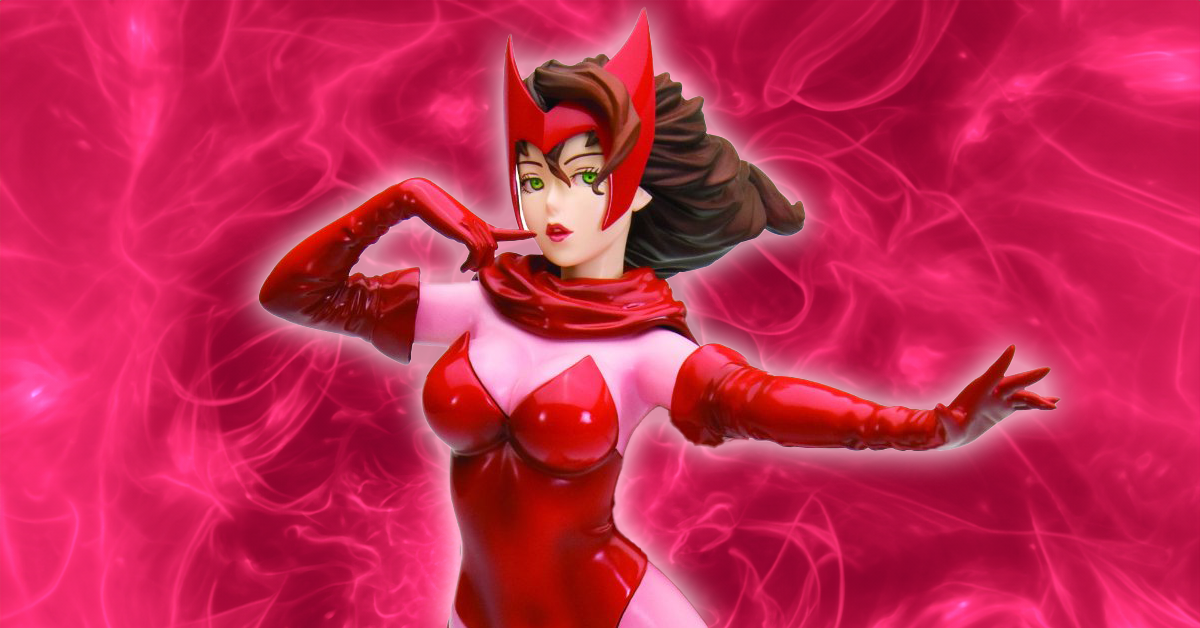 A detailed Scarlet Witch bishoujo statue in a dynamic pose, dressed in a glossy red outfit with a flowing cape and headpiece. The character is set against a vibrant, swirling pink background, emphasizing her magical powers.